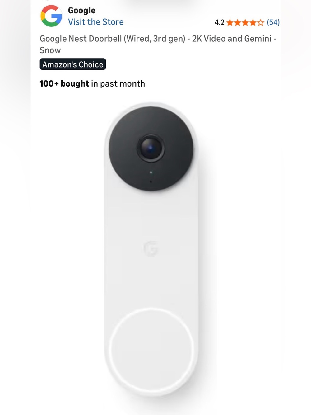 Google Nest Doorbell in White and Black Accent